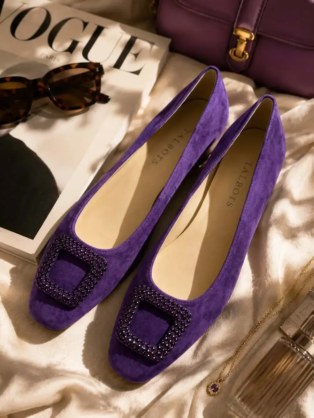 Talbots Purple Suede Rhinestone Buckle Ballet Flats Leather 8.5 M